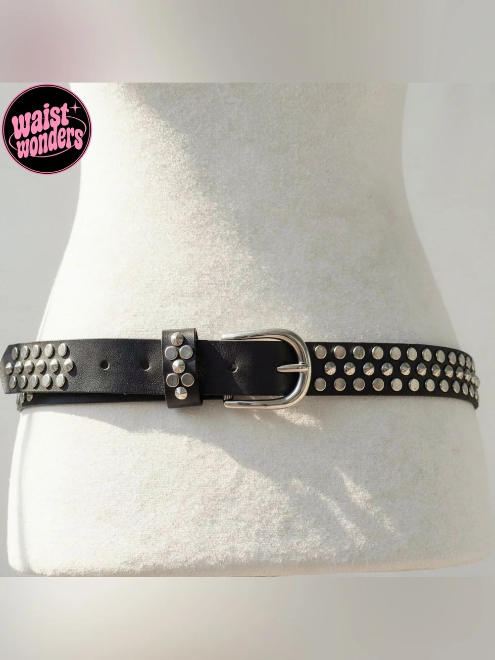 Y2k 2000s style Black leather belt with silver studs and buckle